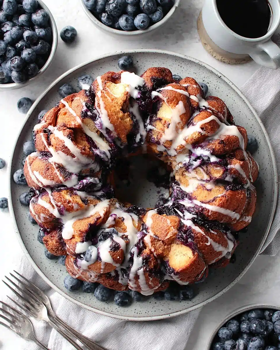 Blueberry monkey bread with white glaze and fresh blueberries on a plate