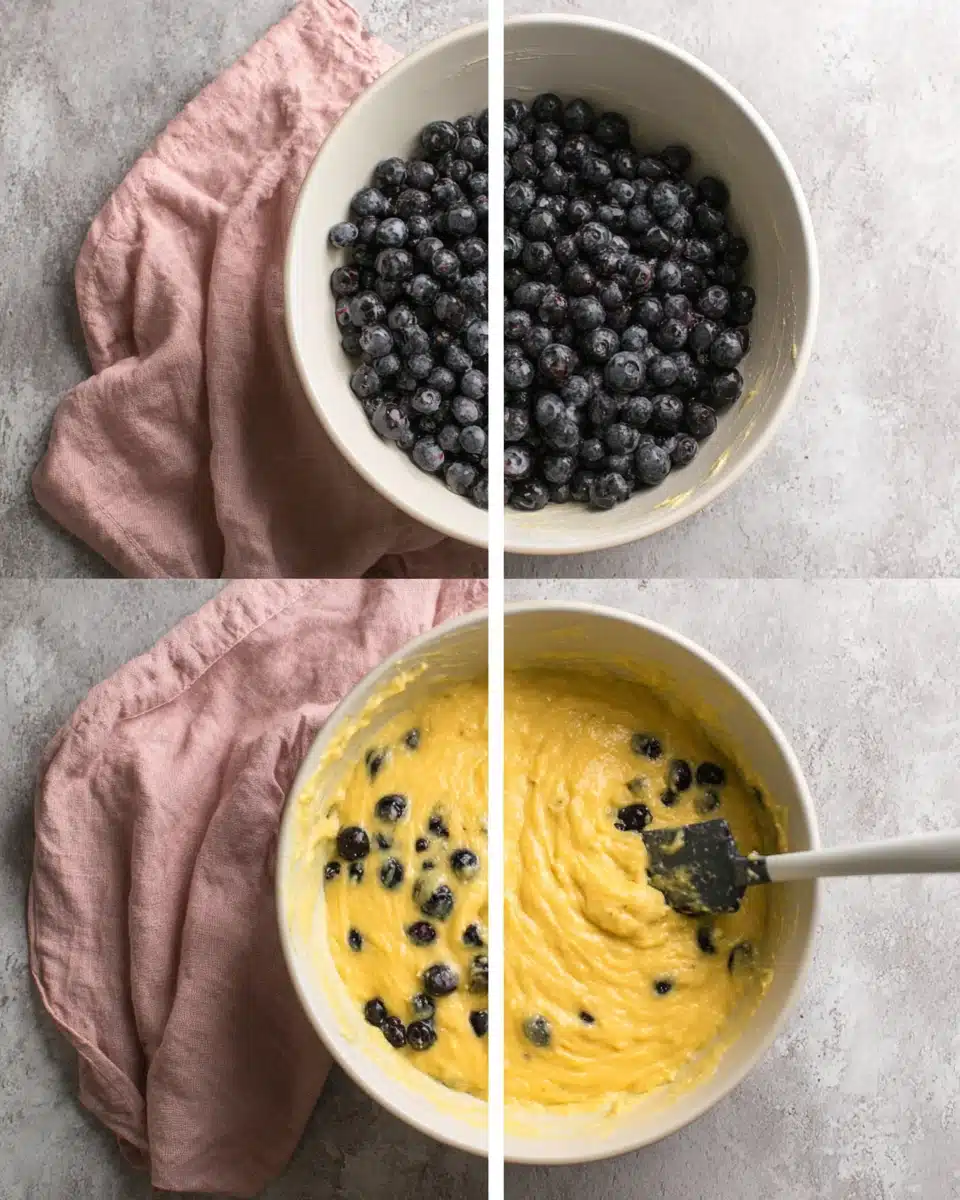 Blueberry muffin bread batter with fresh blueberries being folded in a white bowl