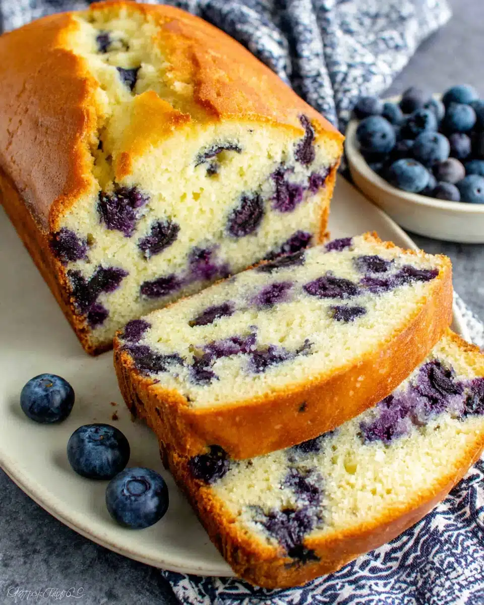 Sliced blueberry muffin bread on a plate with fresh blueberries