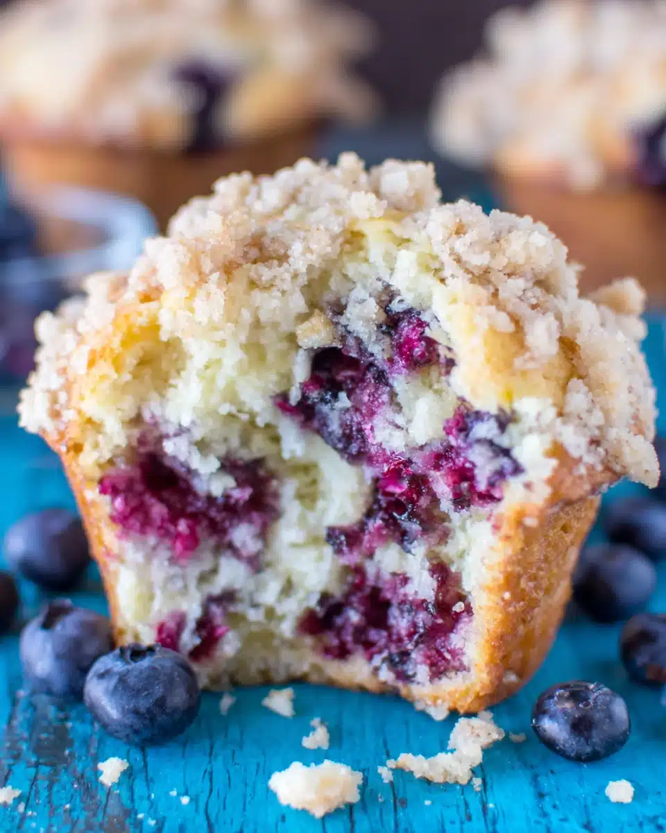 Blueberry muffins with streusel topping, fresh and fluffy with juicy berries and crunchy topping