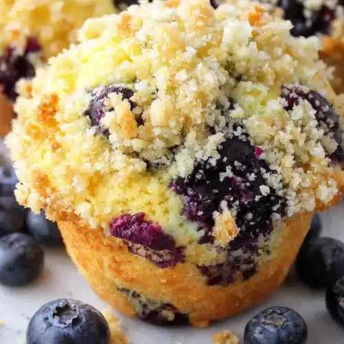 Blueberry muffins with streusel topping, fresh berries, crumbly topping