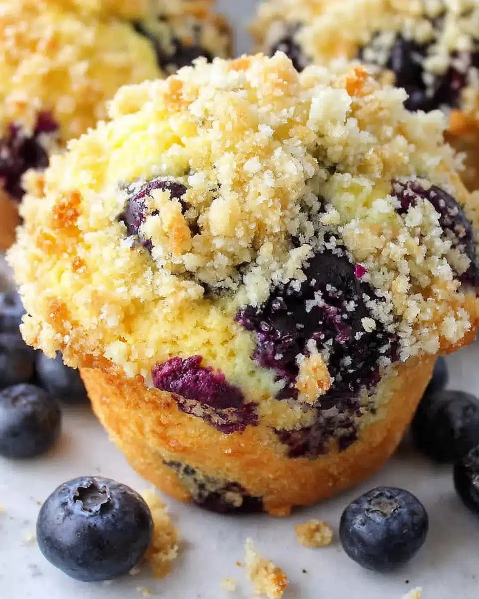 Blueberry muffins with streusel topping, fresh berries, crumbly topping