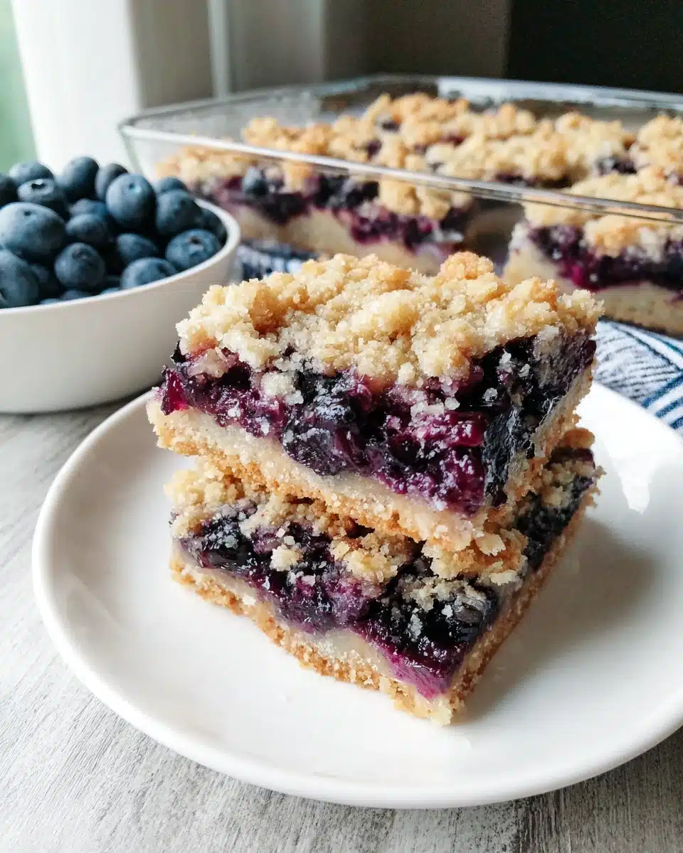 Blueberry oat crumble bars on a plate with fresh blueberries nearby