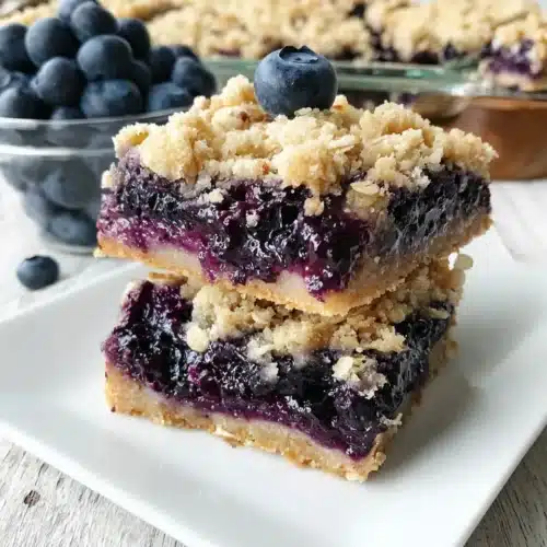 Two stacked blueberry oat crumble bars with golden crumble topping and juicy blueberry filling.