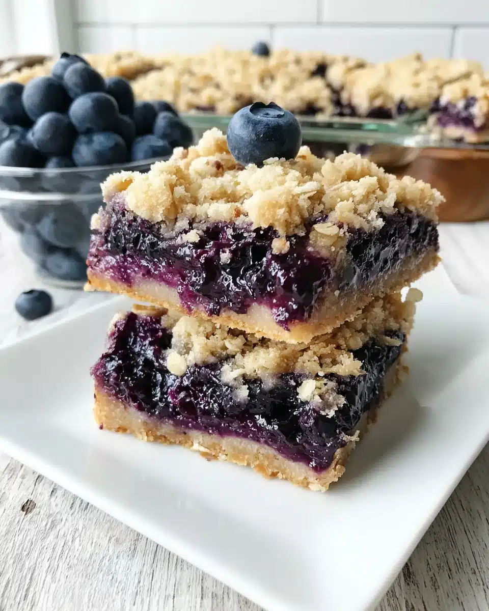 Two stacked blueberry oat crumble bars with golden crumble topping and juicy blueberry filling.