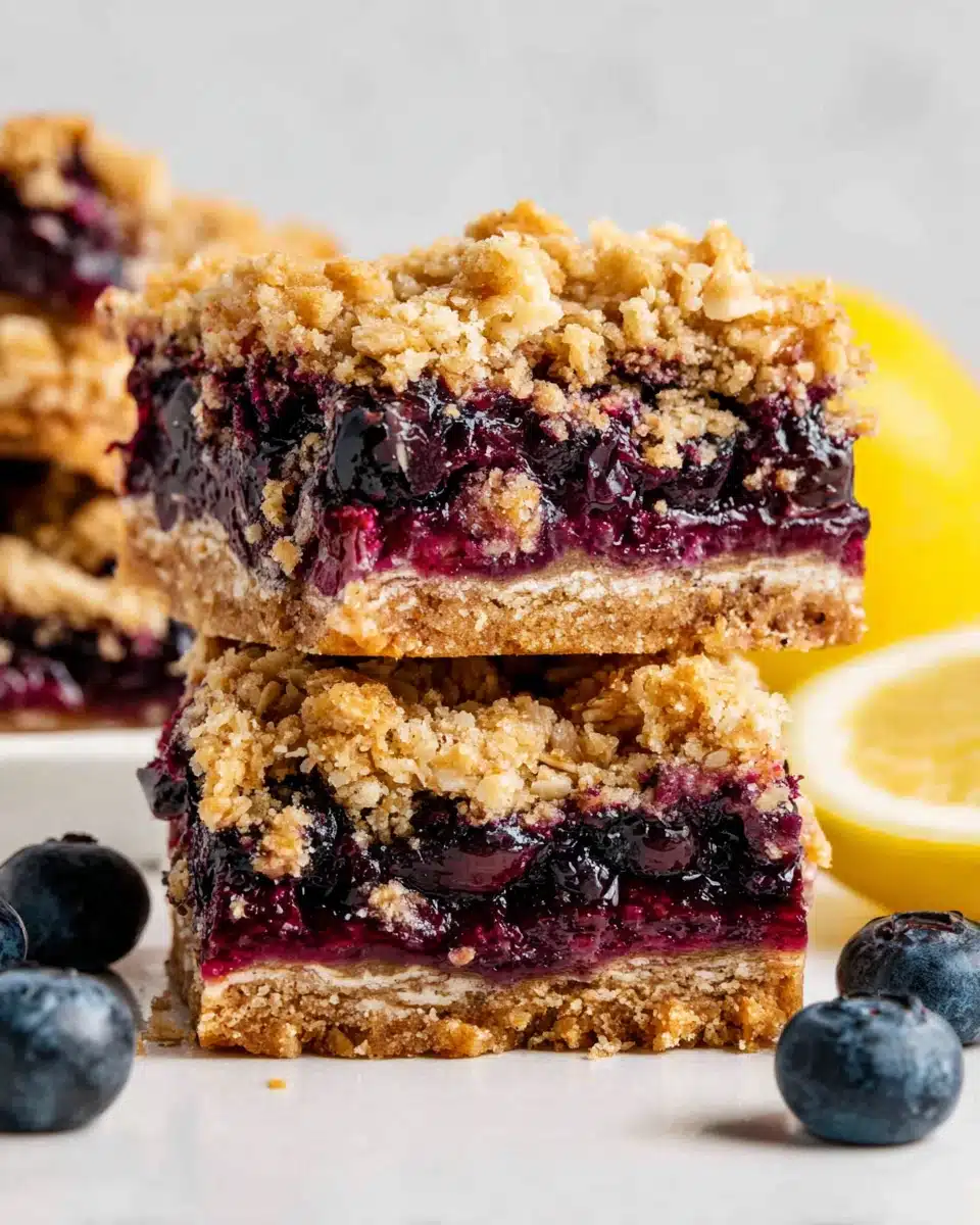 Blueberry oatmeal bars with crumble topping and juicy filling