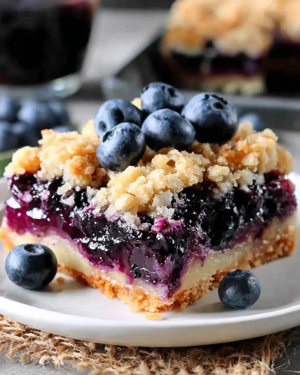 A slice of blueberry pie bar on a white plate with fresh blueberries