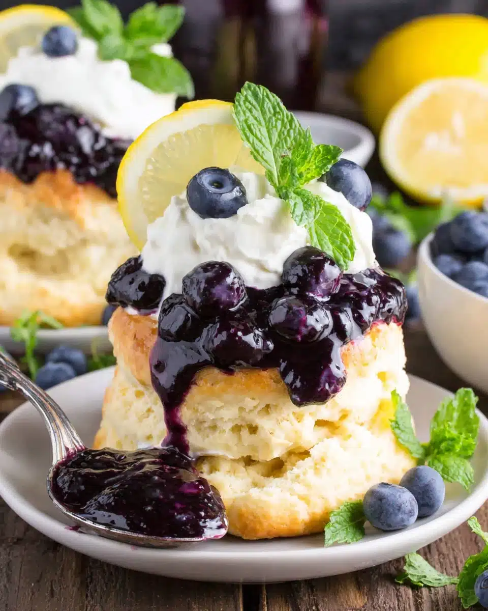 Blueberry shortcake with whipped cream, fresh blueberries, and mint garnish