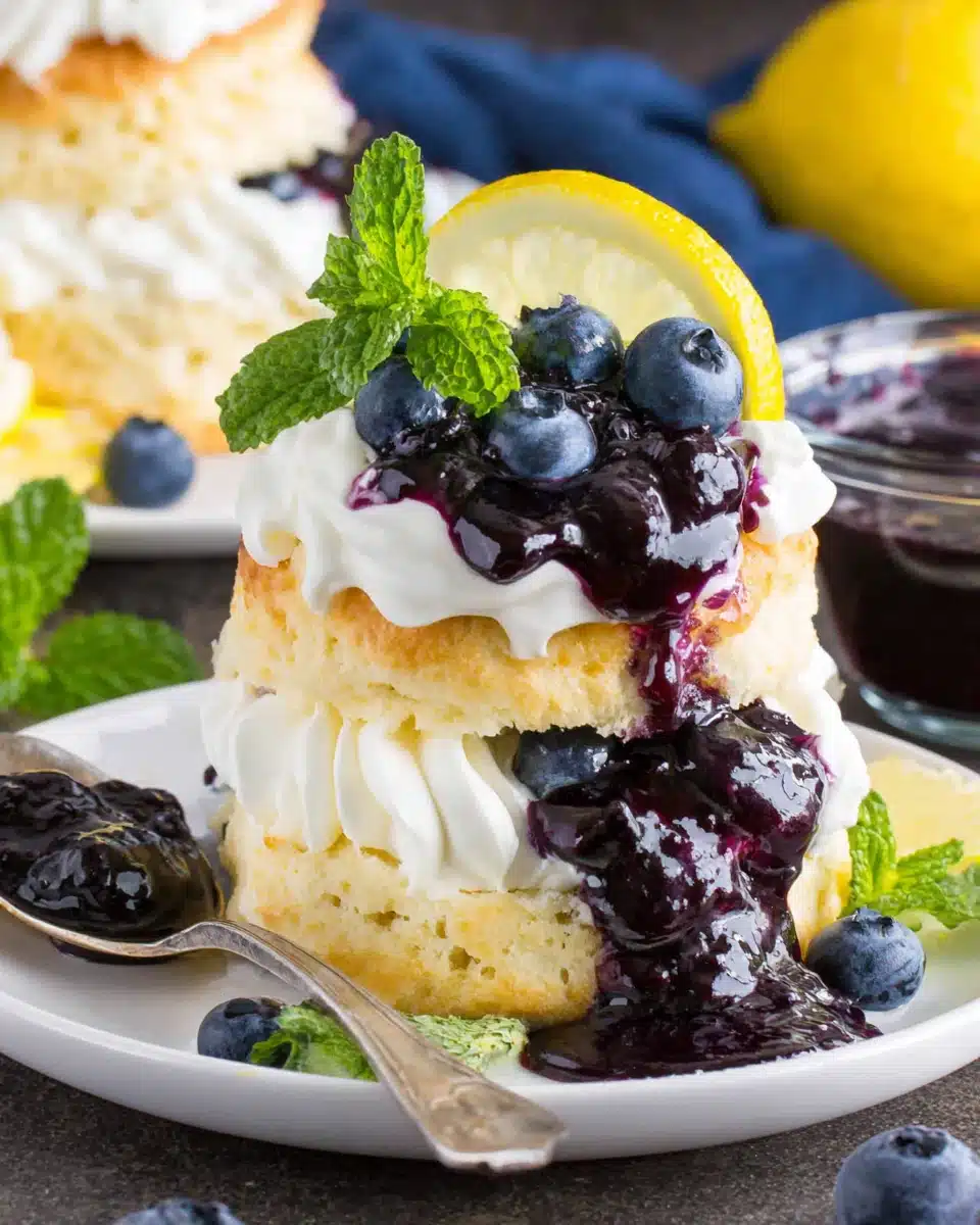 Blueberry shortcake with whipped cream, fresh blueberries, and mint garnish