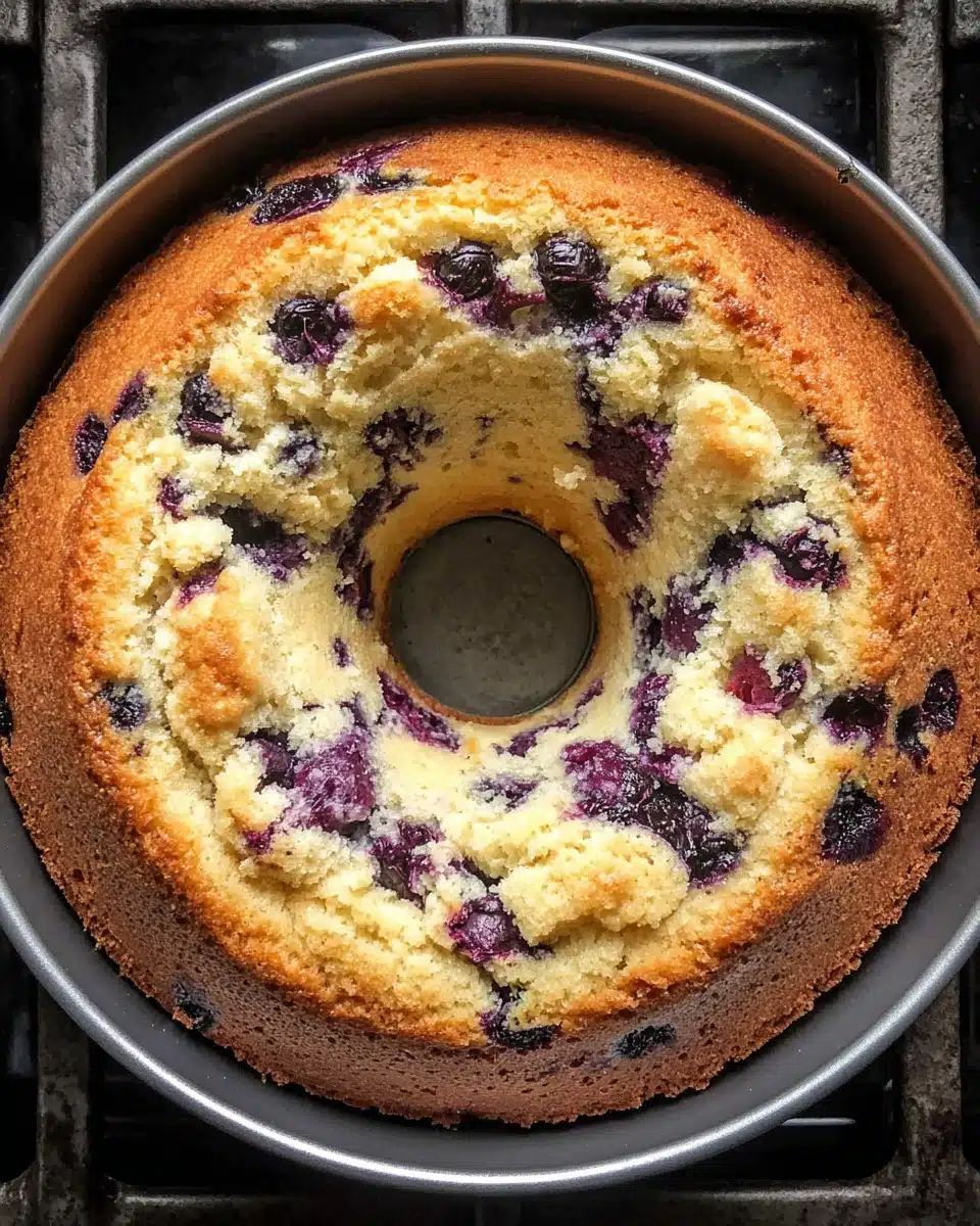 Blueberry sour cream coffee cake in a bundt pan, golden and moist with fresh blueberries