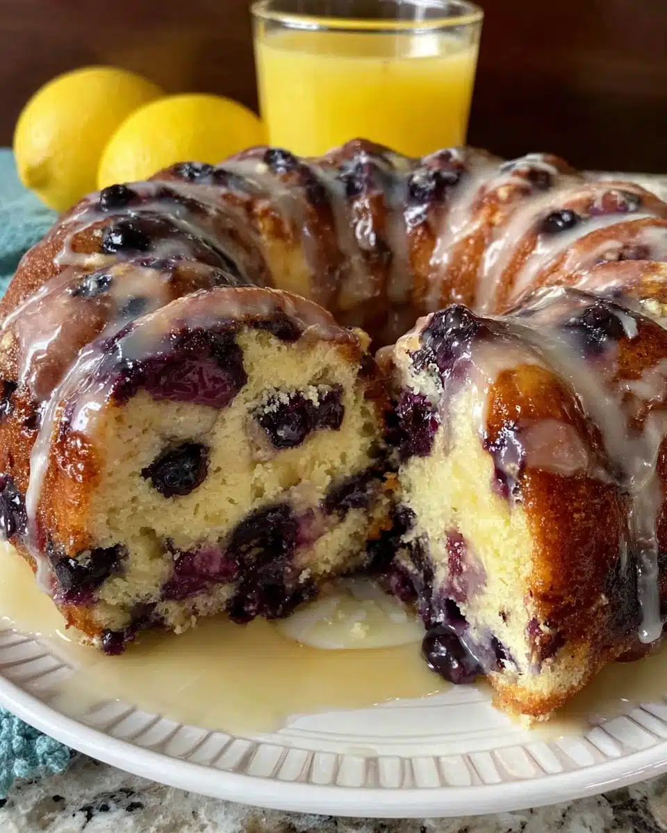 Blueberry sour cream coffee cake with glaze and fresh berries