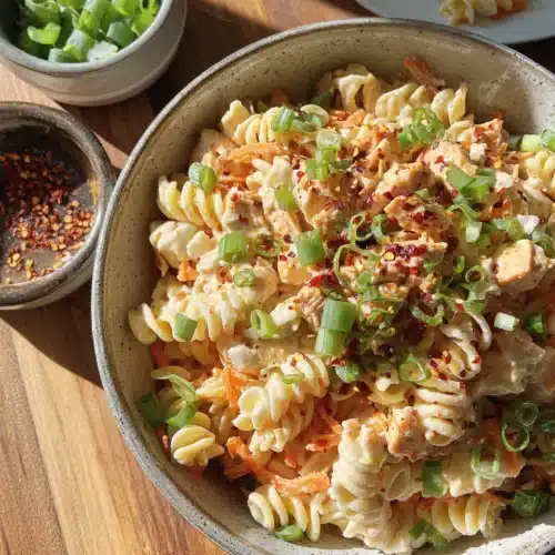 Buffalo chicken pasta salad with spiral pasta, grilled chicken, and creamy dressing