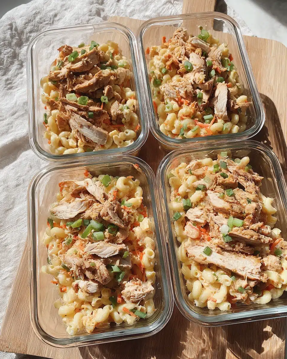 Buffalo chicken pasta salad in glass meal prep containers with sliced chicken and creamy dressing
