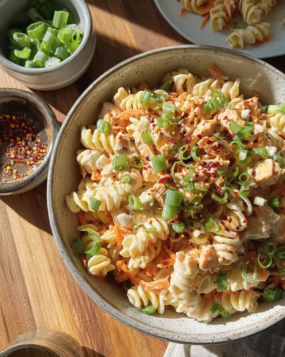 Buffalo chicken pasta salad with spiral pasta, grilled chicken, and creamy dressing