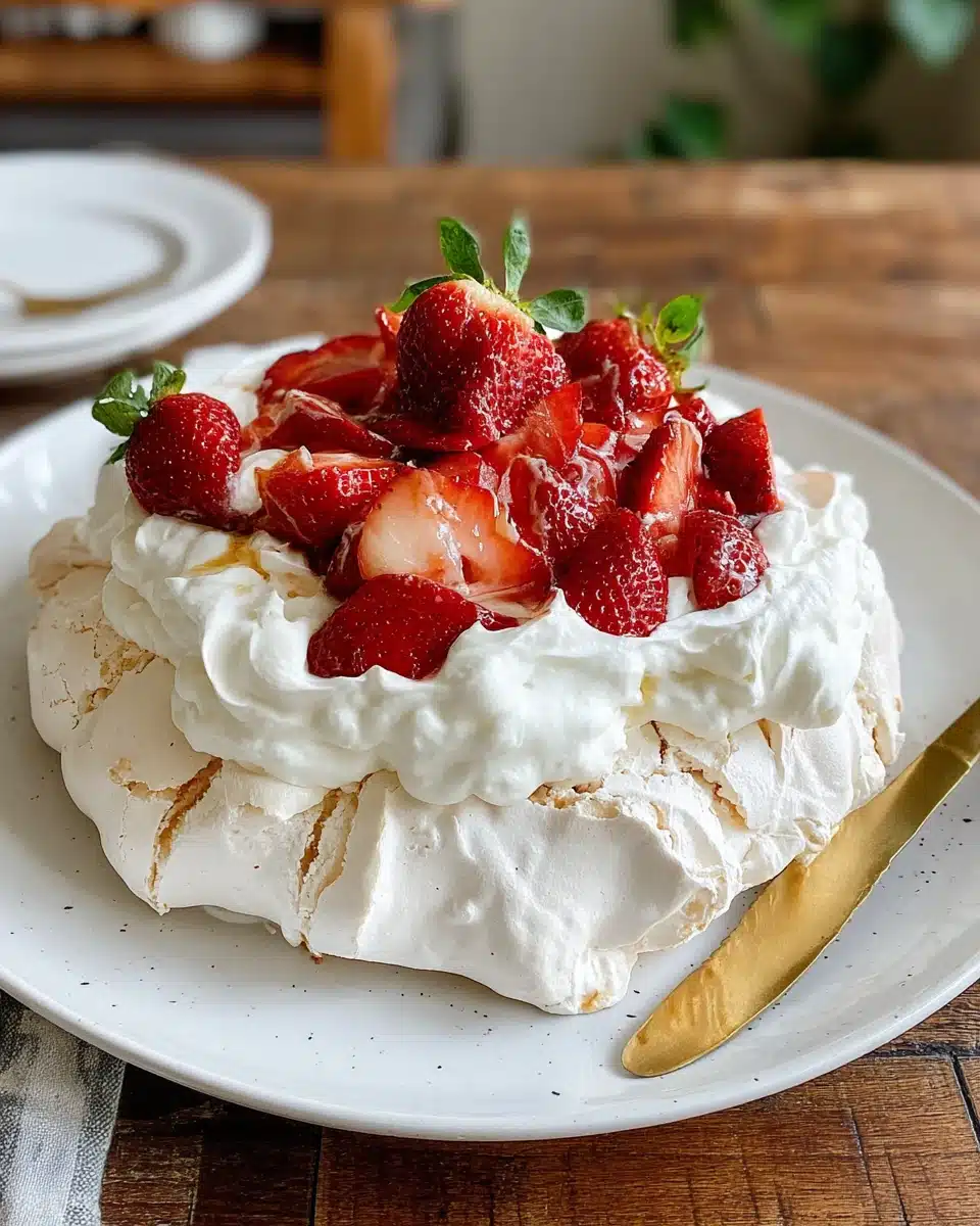 Delicious cake pavlova with strawberries and cream.