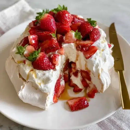 Delicious cake pavlova topped with strawberries and whipped cream.