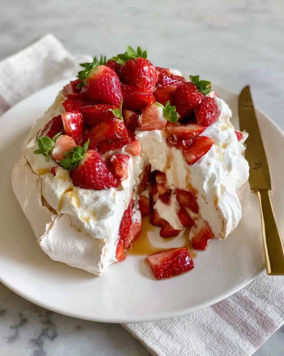Delicious cake pavlova topped with strawberries and whipped cream.