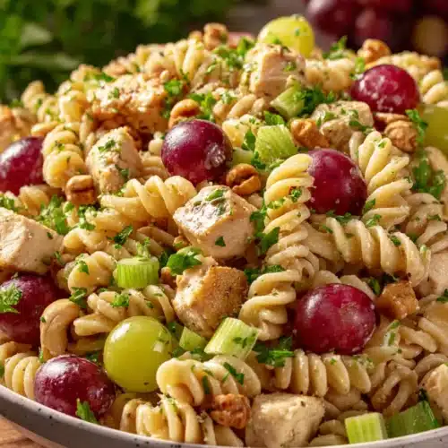Cashew chicken grape pasta salad with rotini, chicken, grapes, and cashews in a white bowl