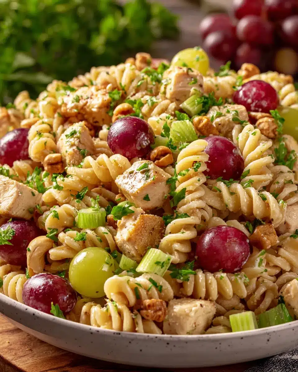 Cashew chicken grape pasta salad with rotini, chicken, grapes, and cashews in a white bowl