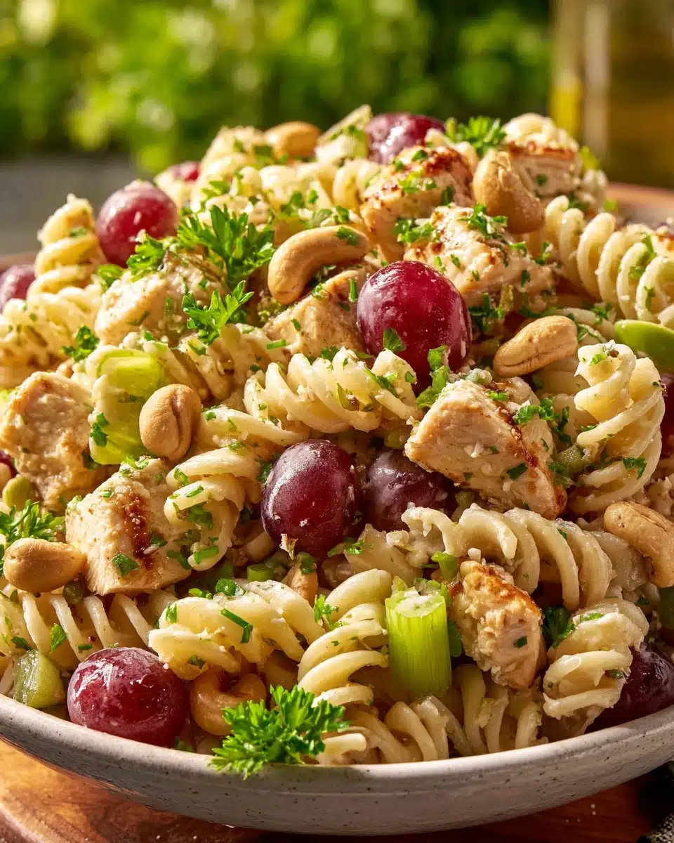Cashew chicken grape pasta salad with rotini, chicken, grapes, and cashews in a white bowl