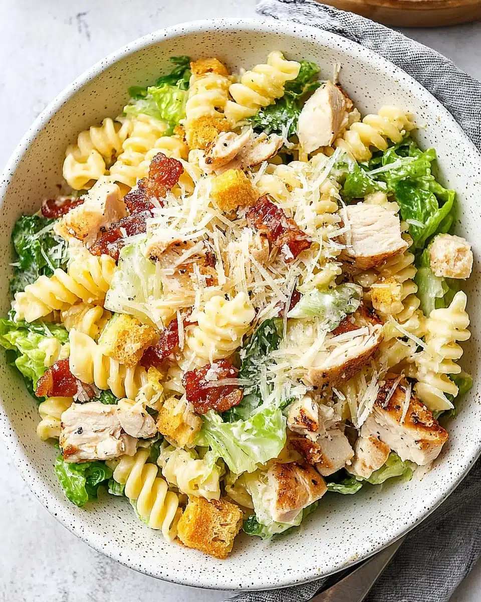 Chicken Caesar Pasta Salad with rotini, chicken, bacon, and Parmesan cheese