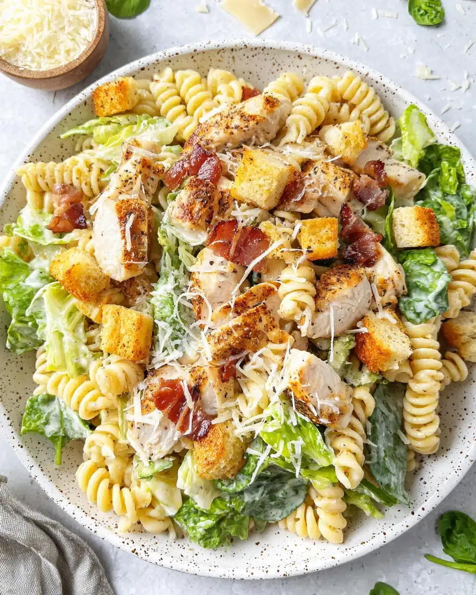 Chicken Caesar Pasta Salad with rotini, chicken, bacon, and parmesan on a plate