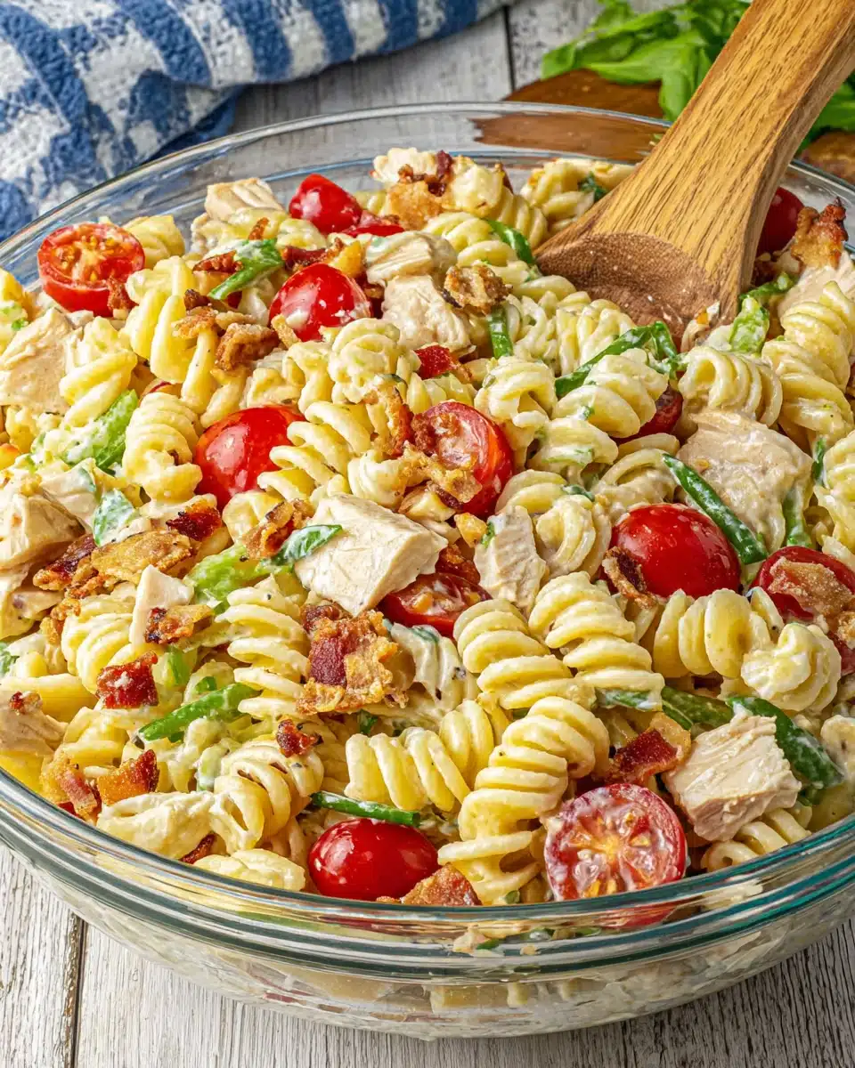 Chicken club pasta salad with rotisserie chicken, bacon, and fresh veggies in a glass bowl