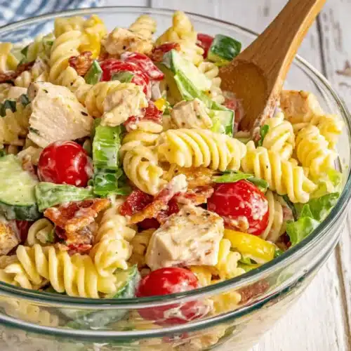 Chicken club pasta salad with rotisserie chicken, tomatoes, and creamy dressing in a glass bowl