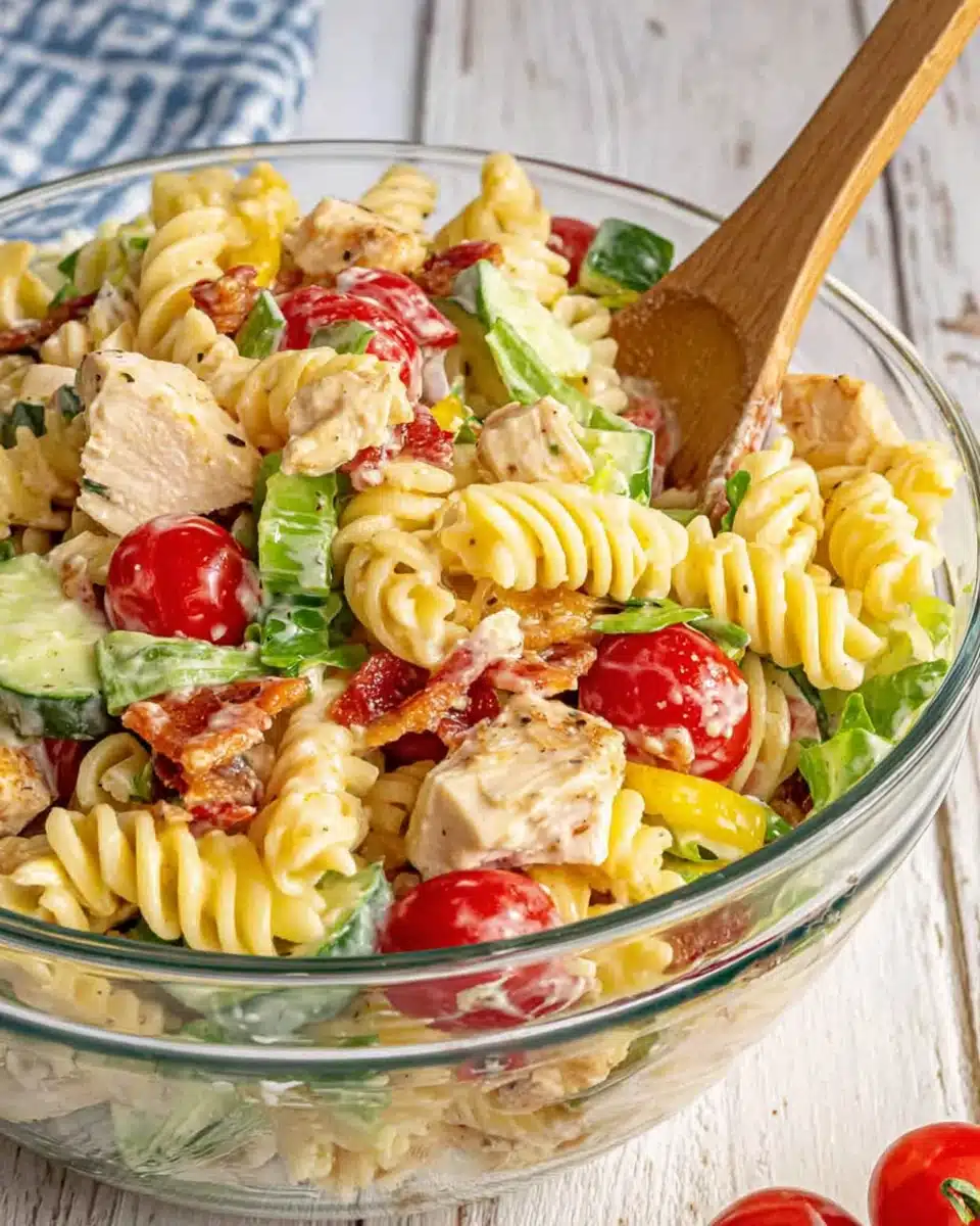 Chicken club pasta salad with rotisserie chicken, tomatoes, and creamy dressing in a glass bowl