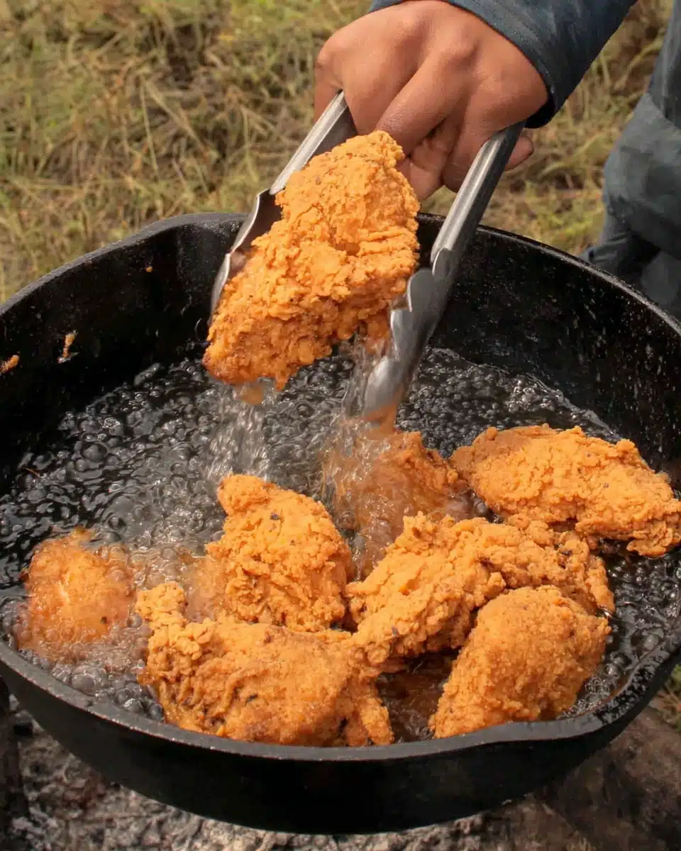 Crispy chicken fried chicken being lifted from hot oil in a cast iron skillet