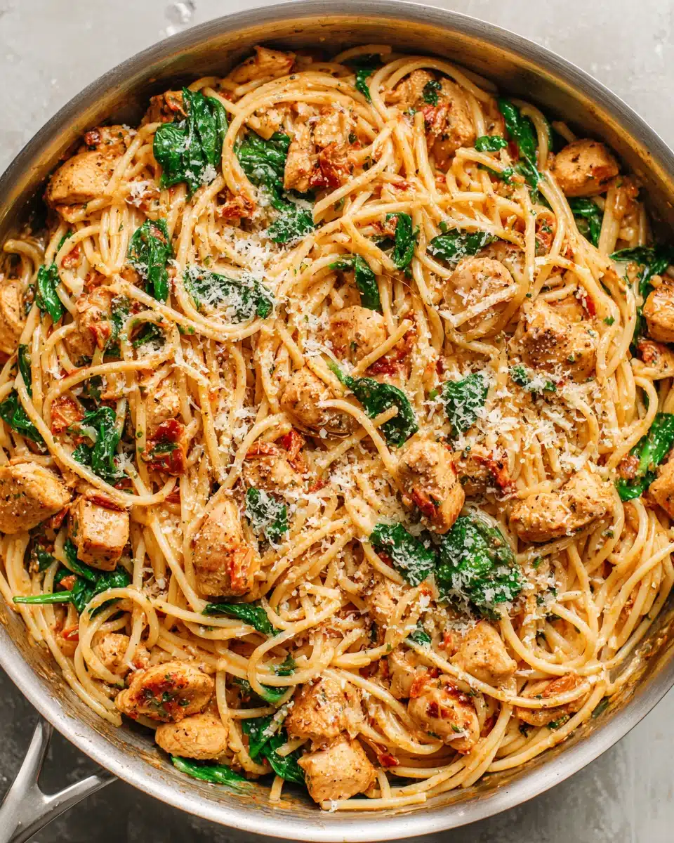 Creamy chicken pasta with sun-dried tomatoes, spinach, and Parmesan in a pan