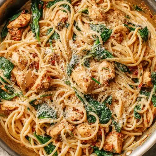 Creamy chicken pasta with sun-dried tomatoes and spinach in a pan