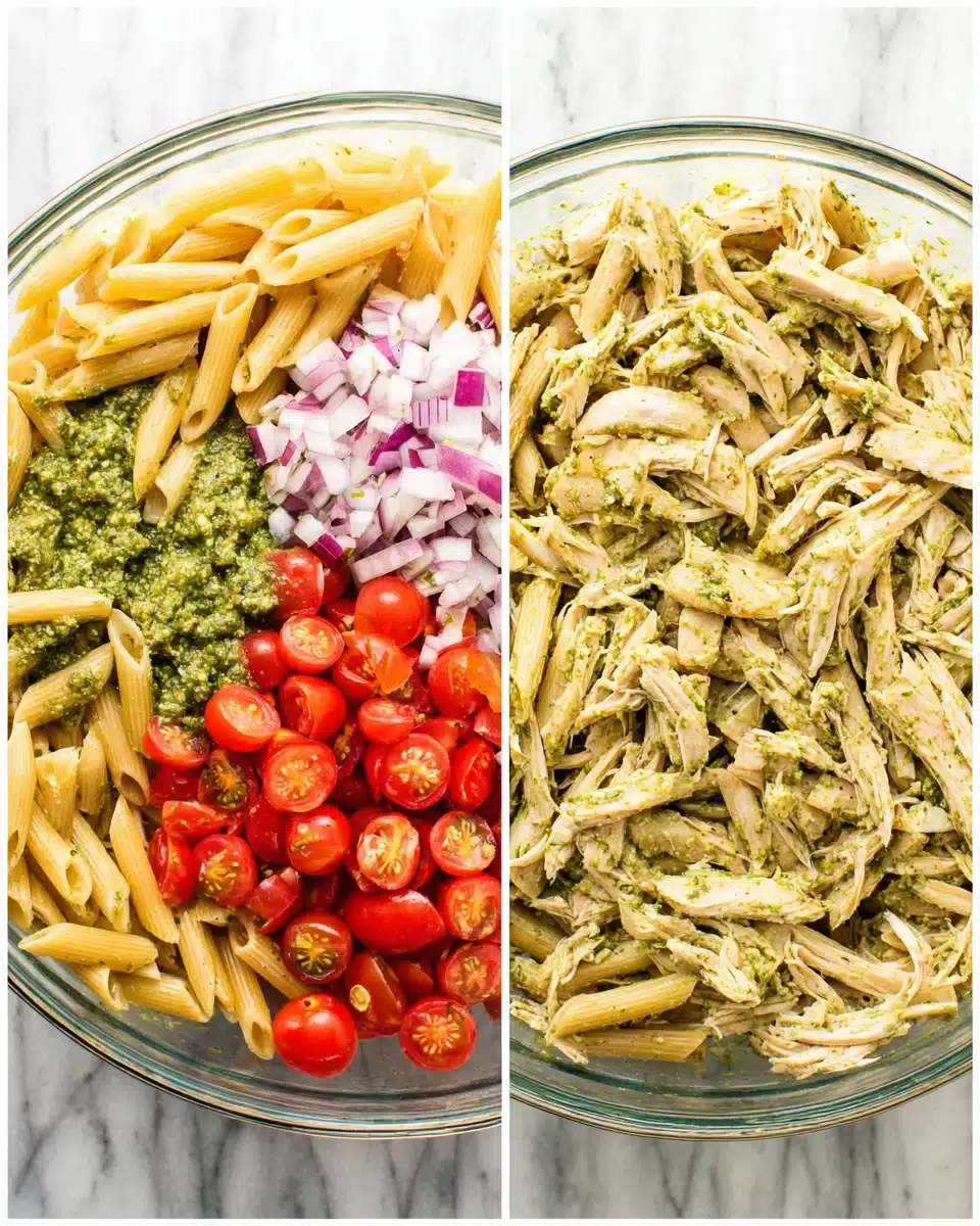 Chicken pesto pasta salad with penne, chicken, tomatoes, onions, and pesto in a glass bowl.
