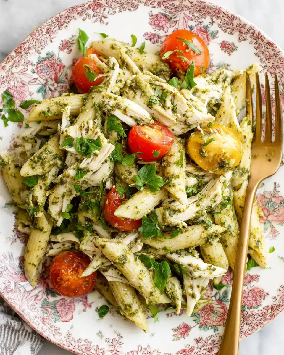 Chicken pesto pasta salad with penne, chicken, tomatoes, and pesto on a floral plate