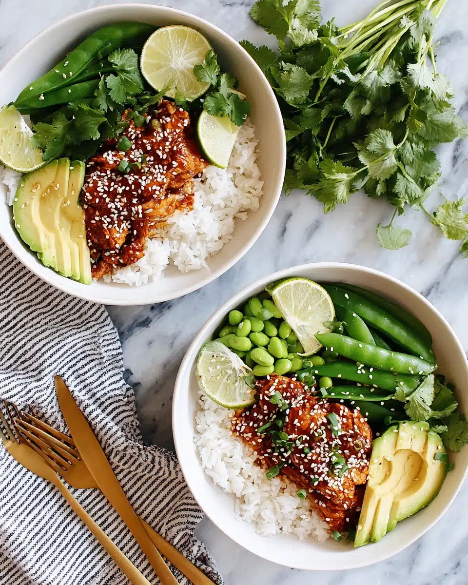 Chicken Recipe with Coconut Rice and Avocado Chicken recipe with coconut rice served with avocado, snap peas, and lime on white plates