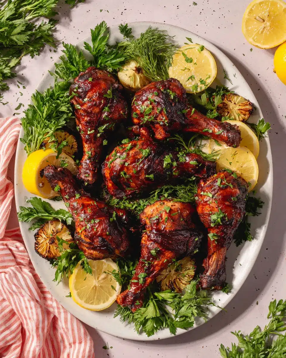 Oven baked chicken sweet heat with sticky glaze, garnished with parsley and lemon