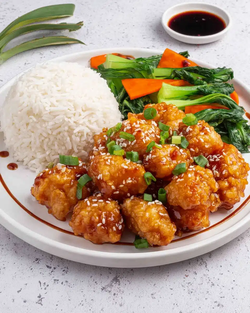 Crispy Chinese honey chicken with rice and vegetables on a white plate