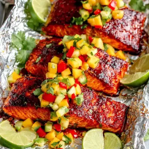 Delicious Chipotle Salmon with Mango Salsa for Dinner 1 Chipotle salmon with mango salsa on foil, fresh and vibrant