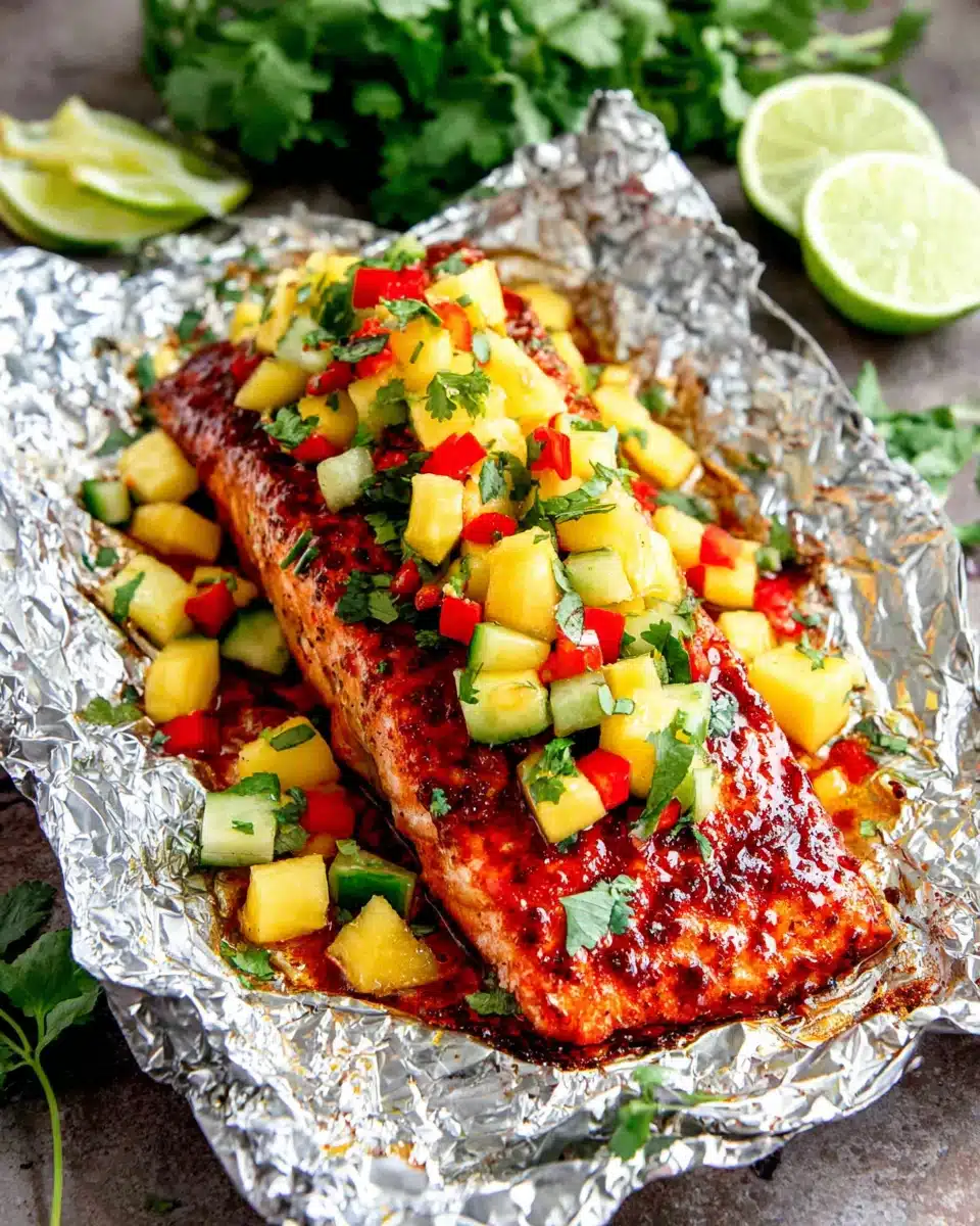 Chipotle Salmon with Mango Salsa Recipe Chipotle salmon with mango salsa on foil, topped with fresh fruit and herbs
