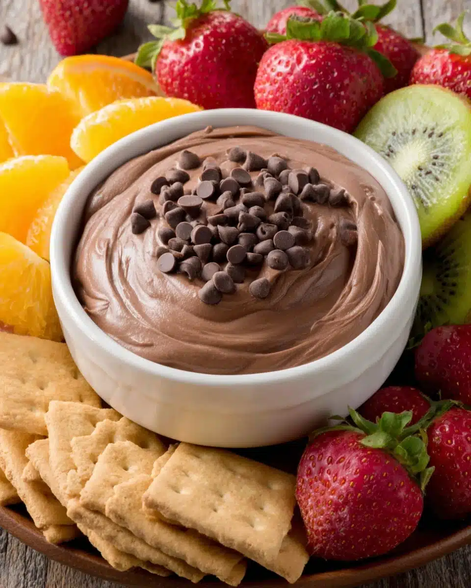 Chocolate fruit dip in a white bowl with strawberries, kiwi, and chocolate chips