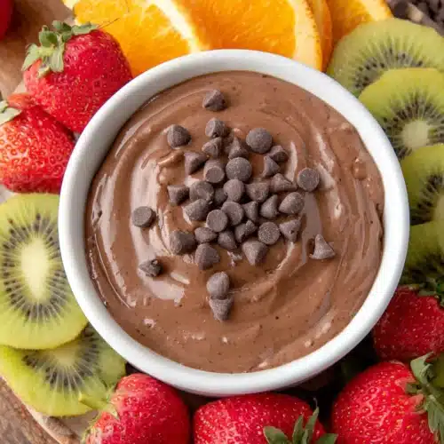 Chocolate fruit dip in a white bowl with strawberries, kiwi, and orange slices