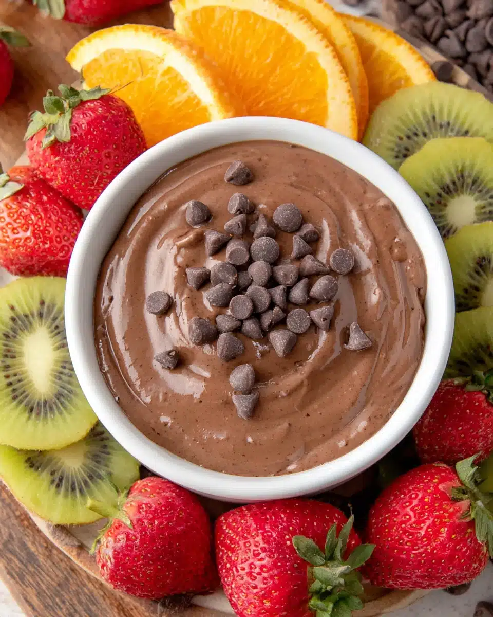 Chocolate fruit dip in a white bowl with strawberries, kiwi, and orange slices