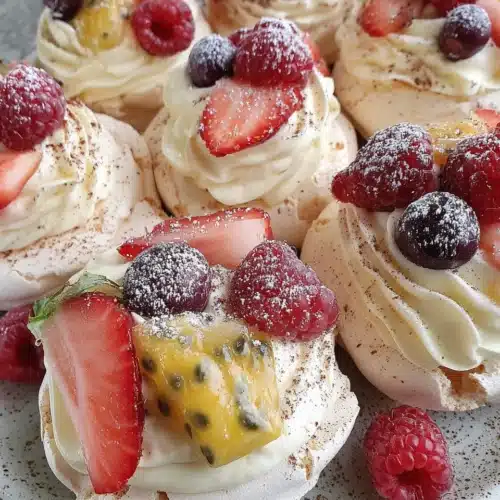 Mini pavlovas with fruit and cream - a festive Christmas dessert.