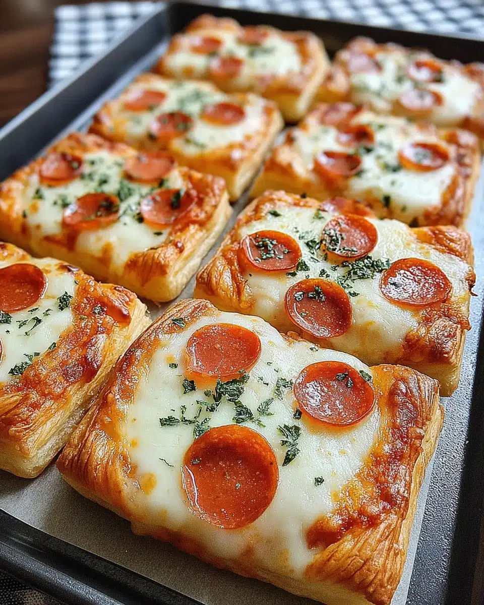 Delicious Christmas puff pastry pizza squares ready to serve.