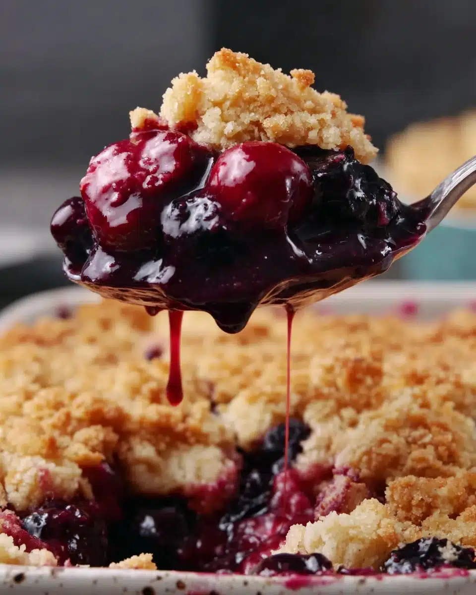 Classic Berry Crisp with Frozen Berries Classic berry crisp with frozen berries, golden crumble topping, juicy berries dripping from spoon