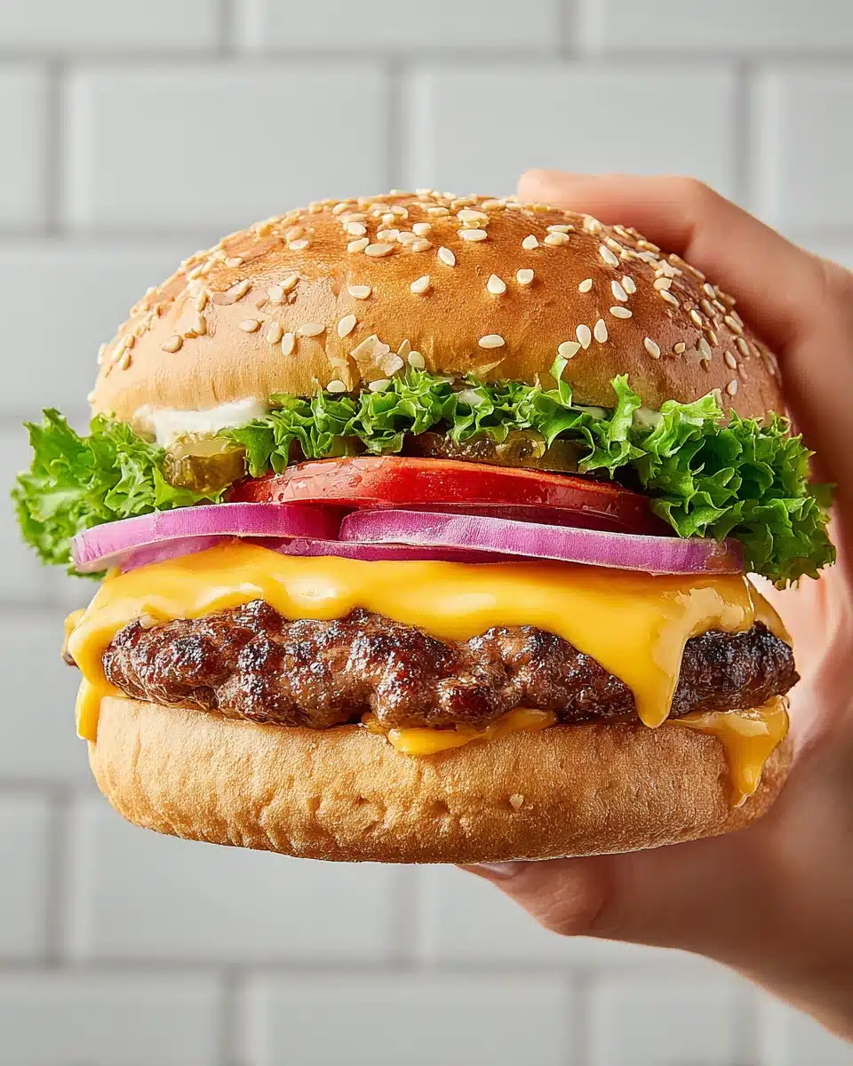Classic Grilled Cheeseburger with Fresh Toppings Classic grilled cheeseburger with melted cheese, lettuce, tomato, and red onion on a sesame bun