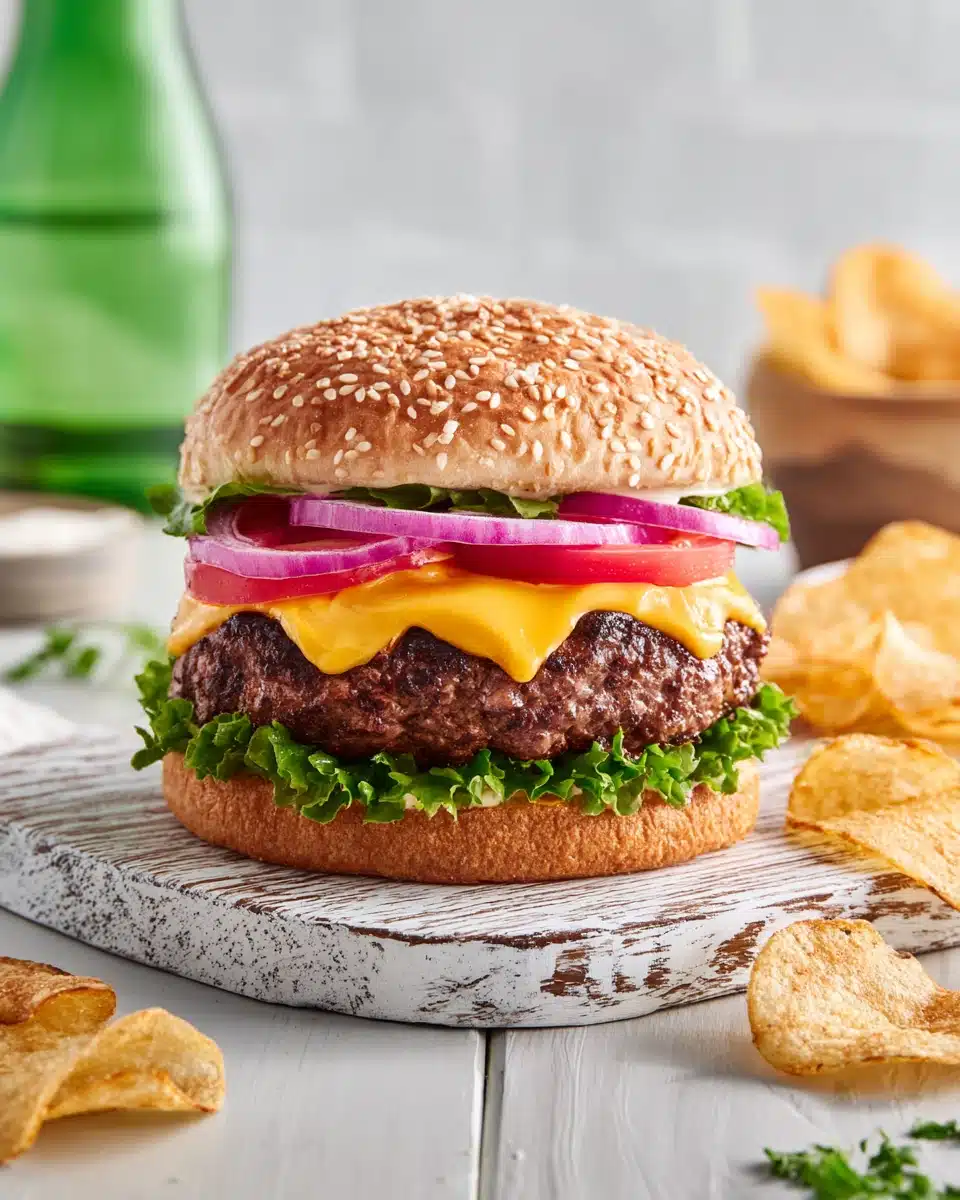 Classic Grilled Cheeseburger with Fresh Toppings Classic grilled cheeseburger with fresh toppings and melted cheese