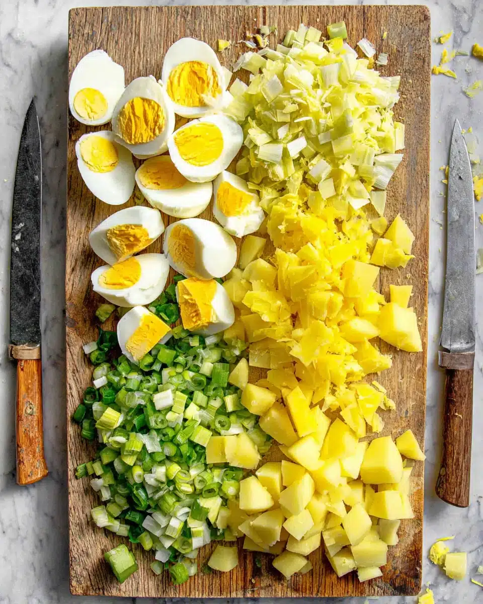 Classic potato salad ingredients: diced potatoes, hard-boiled eggs, celery, green onions on cutting boards