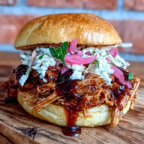 Classic smoked pulled pork sandwich with coleslaw and pickled onions on a wooden board