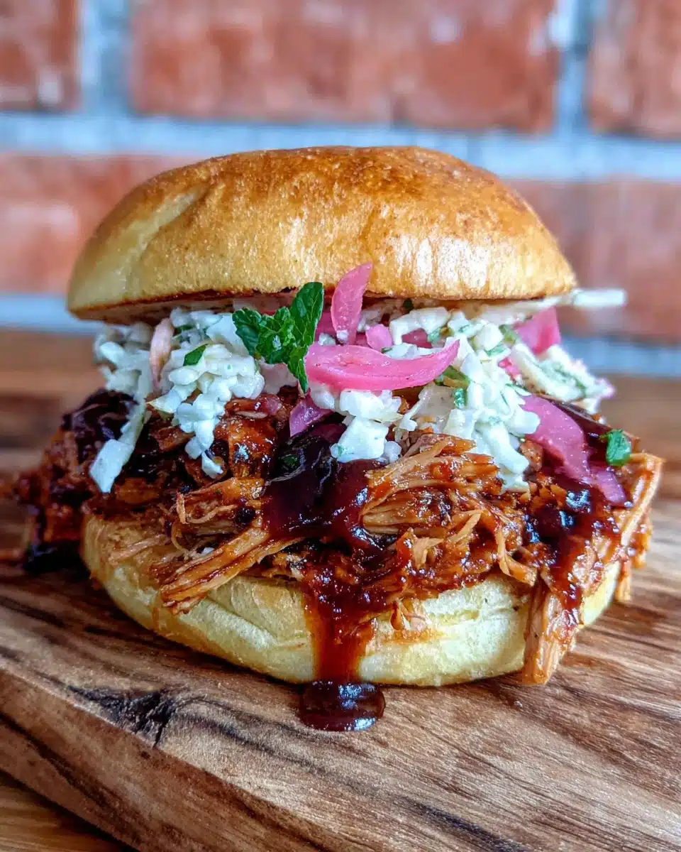 Classic smoked pulled pork sandwich with coleslaw and pickled onions on a wooden board